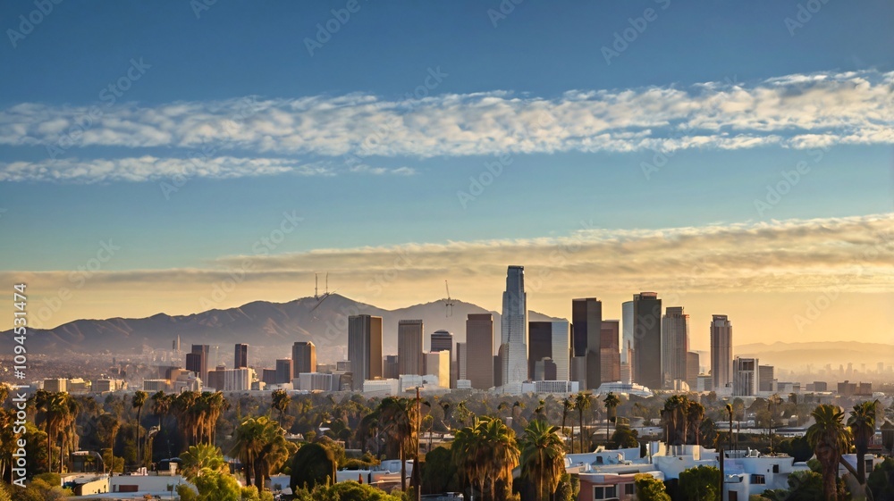 Obraz premium Panoramic Los Angeles Skyline at Golden Hour with Skyscrapers, Palm Trees, and Mountains V3