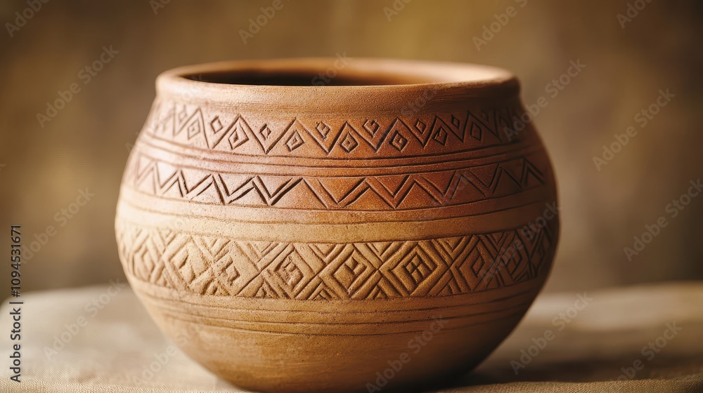 This close-up showcases a handmade clay pot with elegant traditional patterns This close-up showcases a handmade clay pot with elegant traditional patterns