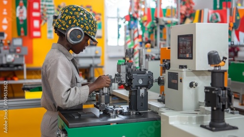 A young worker operates a machine in a factory setting