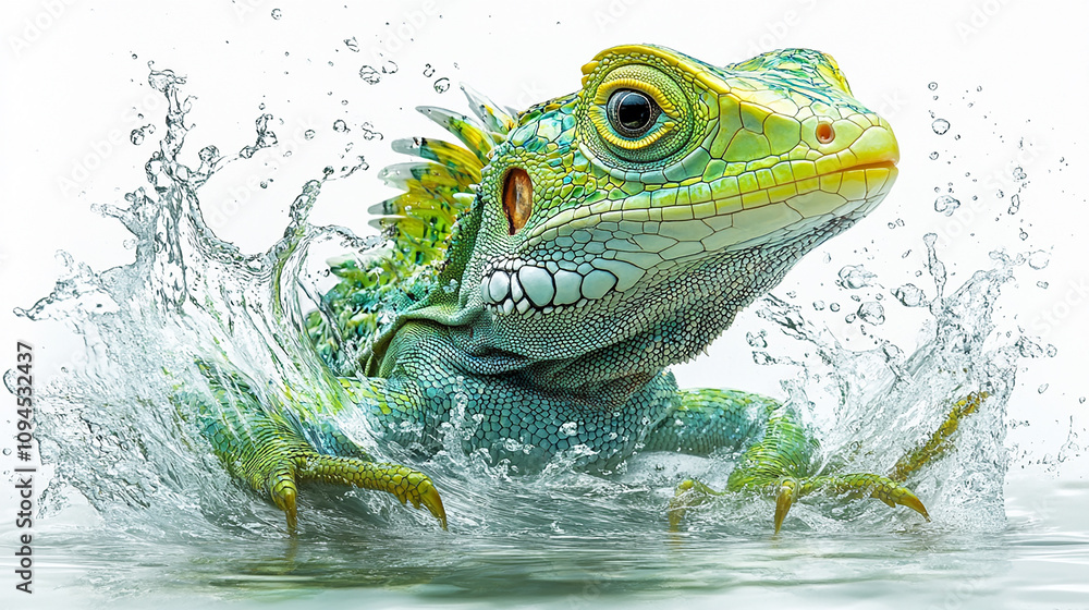 A colorful lizard, light blue and green, is in water with splashes. A colorful lizard, light blue and green, is in water with splashes.