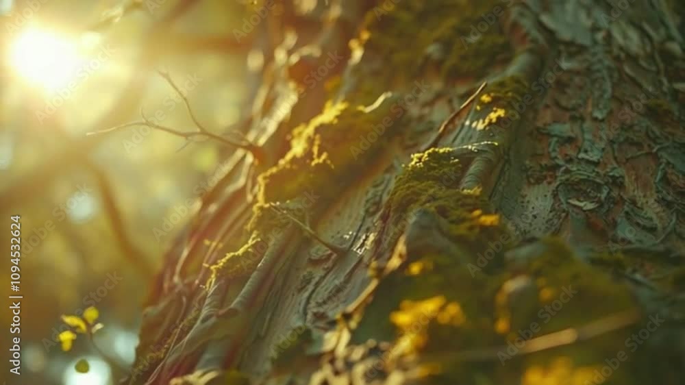 Sunlit serenity with a tree trunk close-up showcasing natural textures and tranquil beauty Sunlit serenity with a tree trunk close-up showcasing natural textures and tranquil beauty