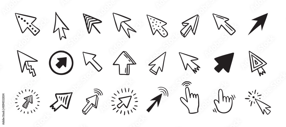 Cursor doodle icon set. Click cursor hand drawn set. Isolated mouse cursor Cursor doodle icon set. Click cursor hand drawn set. Isolated mouse cursor