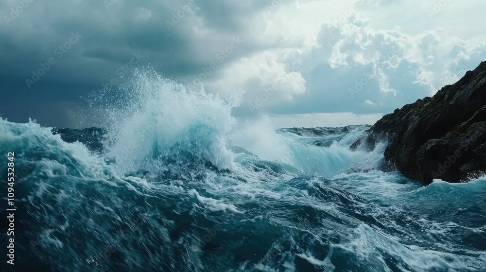 Powerful ocean waves crashing on rocky shore nature scene dramatic view Powerful ocean waves crashing on rocky shore nature scene dramatic view