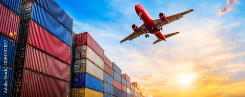 Container yard with cargo plane flying in the sky Concept of CrossBorder ecommerce container enabling businesses to expand internationally and reach global markets photo