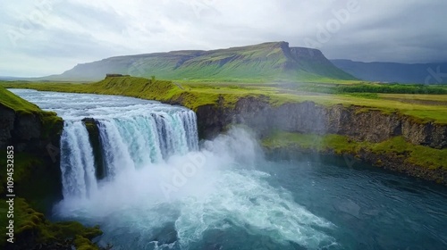 Majestic waterfall cascading in icelandic landscape nature photography
