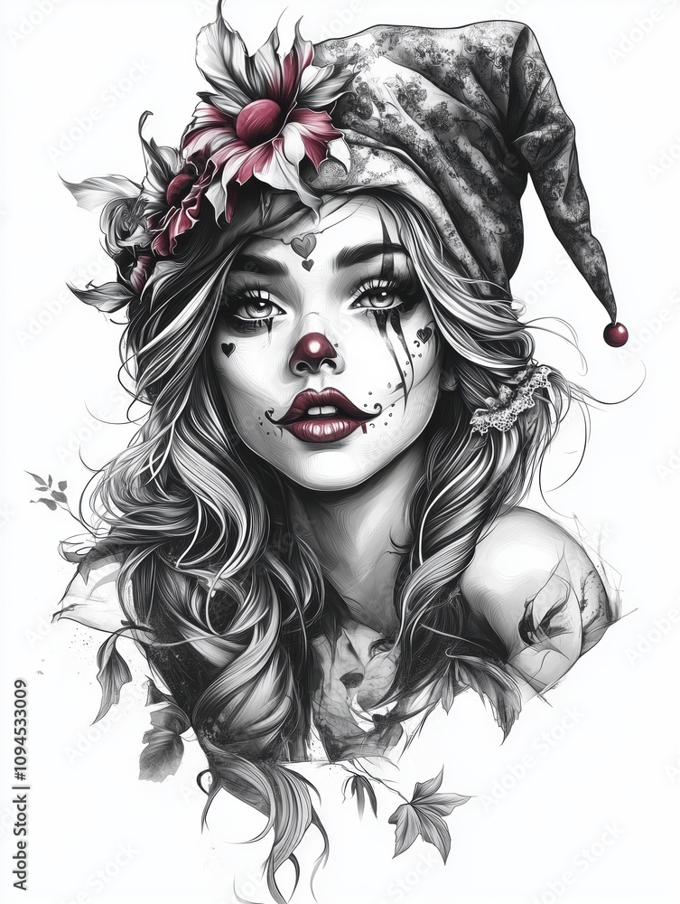 Mysterious woman wearing clown makeup and jester hat with flowers Mysterious woman wearing clown makeup and jester hat with flowers