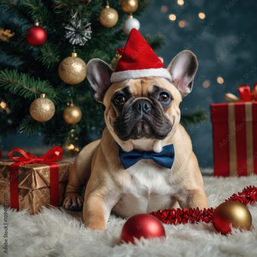 A French Bulldog wearing a festive red hat sits proudly in front of a Christmas tree adorned with ornaments while surrounded by wrapped gifts in a cozy setting A French Bulldog wearing a festive red hat sits proudly in front of a Christmas tree adorned with ornaments while surrounded by wrapped gifts in a cozy setting