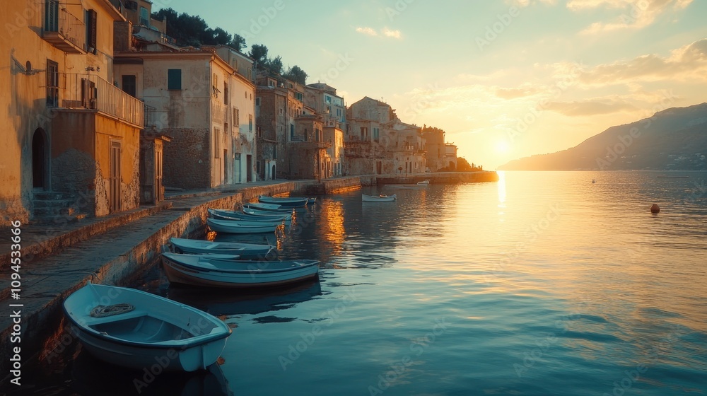 Fototapeta premium Scenic view of a small beautiful Italian coastal town with traditional buildings, boats, and calm water