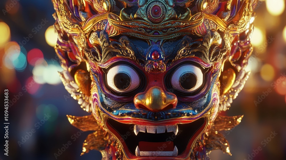 Close-up view of a Reog Ponorogo mask showcasing bright colors and elaborate decorations Close-up view of a Reog Ponorogo mask showcasing bright colors and elaborate decorations