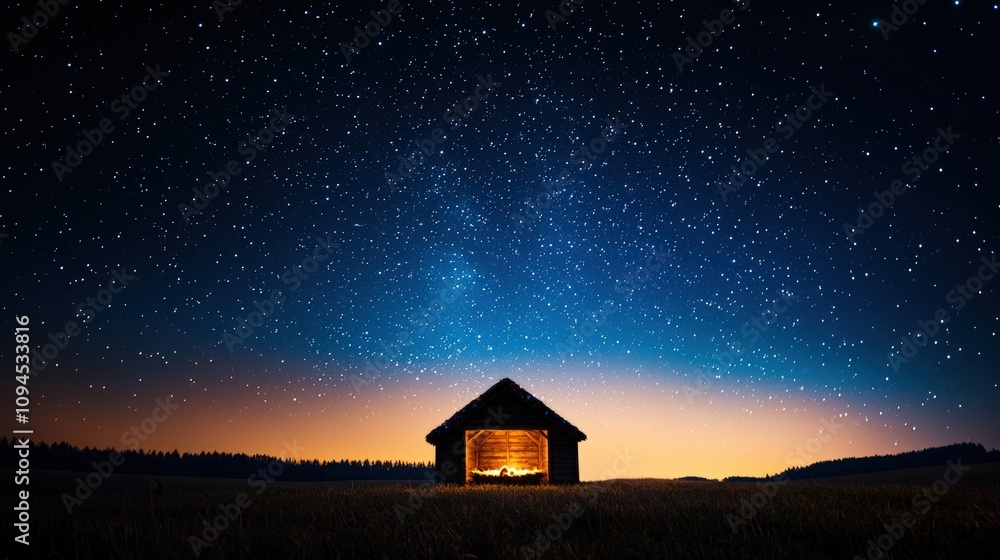 A serene night sky filled with stars above a cozy wooden cabin in an open field. A serene night sky filled with stars above a cozy wooden cabin in an open field.