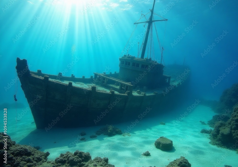 Exploration of a sunken ship in clear blue water revealing marine life and coral formations Exploration of a sunken ship in clear blue water revealing marine life and coral formations