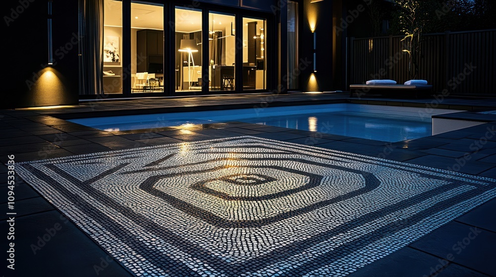 Obraz premium A serene outdoor space featuring a mosaic design by a pool, illuminated at night.