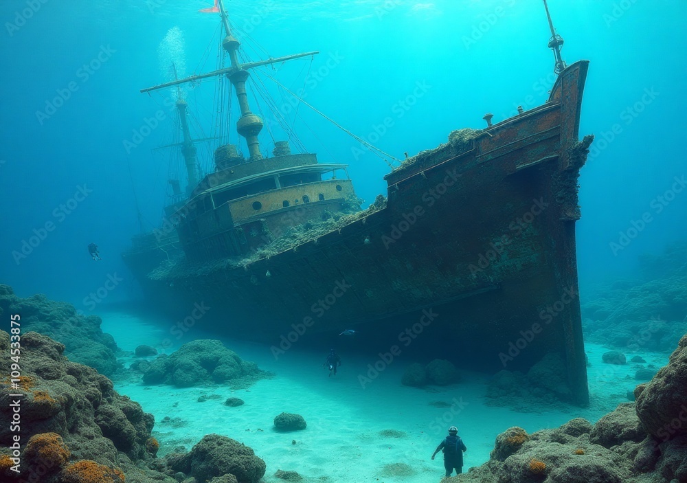 Shipwreck rests quietly on ocean floor surrounded by marine life in clear blue waters Shipwreck rests quietly on ocean floor surrounded by marine life in clear blue waters