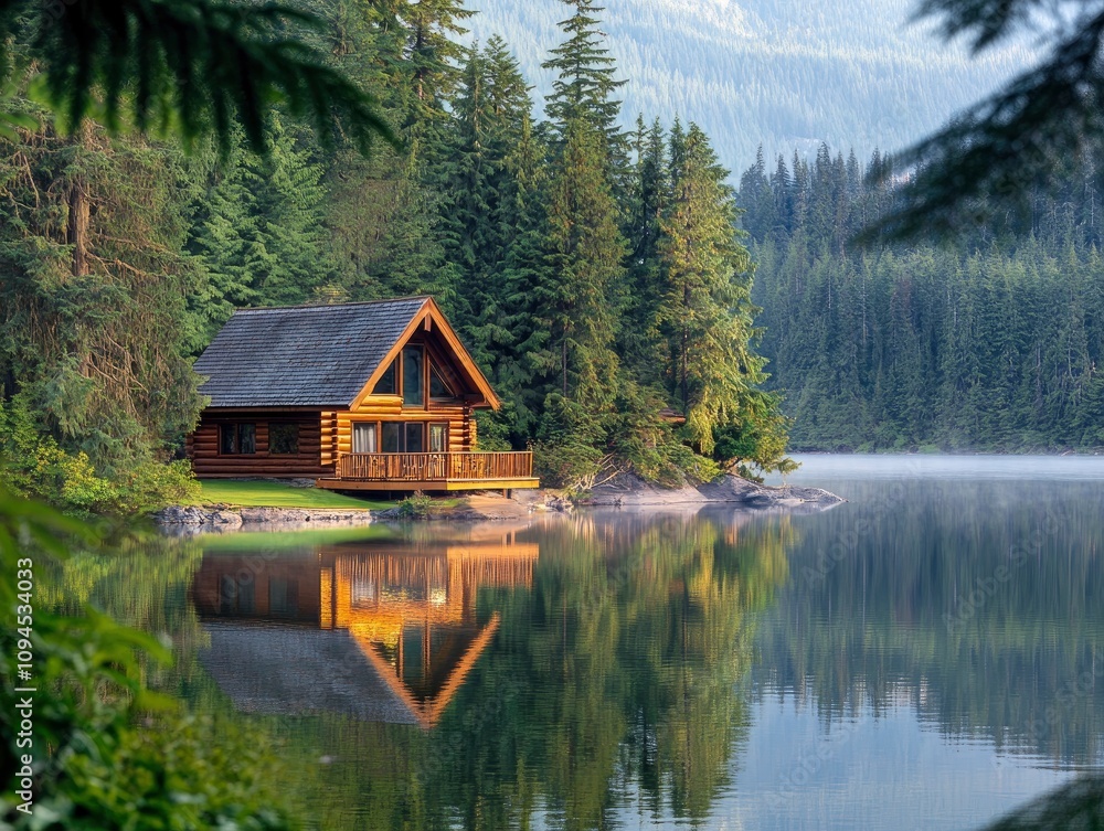 Fototapeta premium Rustic cabin by a lake surrounded by forest, morning light, concept of peaceful local trave