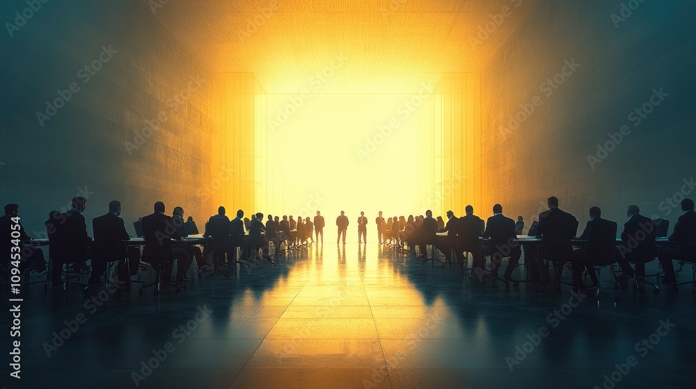 A silhouetted meeting in a brightly lit space, symbolizing decision-making and collaboration. A silhouetted meeting in a brightly lit space, symbolizing decision-making and collaboration.