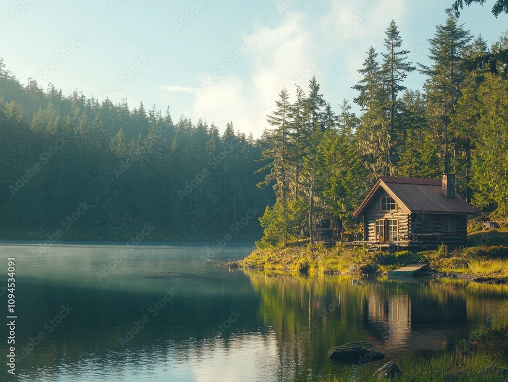 Fototapeta premium Rustic cabin by a lake surrounded by forest, morning light, concept of peaceful local trave