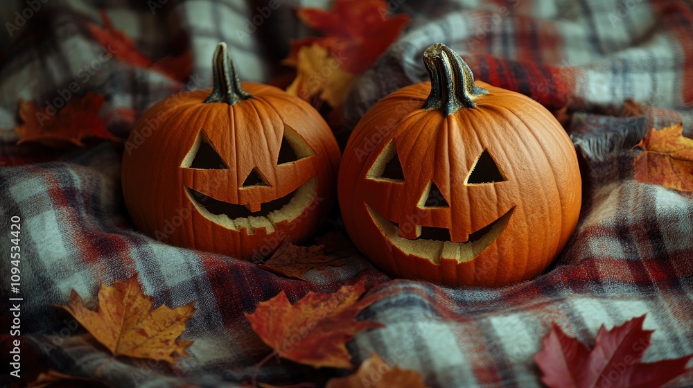 Professional photo of pumpkins, autumn leaves, and cozy plaid blankets, concept of fall and Halloween Professional photo of pumpkins, autumn leaves, and cozy plaid blankets, concept of fall and Halloween