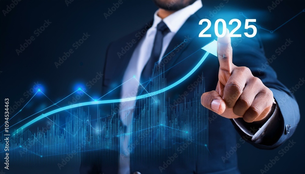 The 2025 new year business goals concept. Businessman touching increase arrow graph company future growth 2025. Business plan target strategy, Planning and challenge business strategy in new year new The 2025 new year business goals concept. Businessman touching increase arrow graph company future growth 2025. Business plan target strategy, Planning and challenge business strategy in new year new