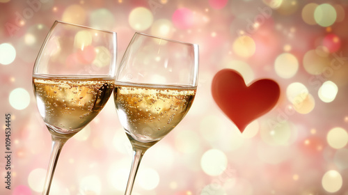 Two wine glasses clinking together in a toast, with a dreamy heart-shaped bokeh effect in the background, symbolizing love and celebration. The image has plenty of room for text or a romantic quote.