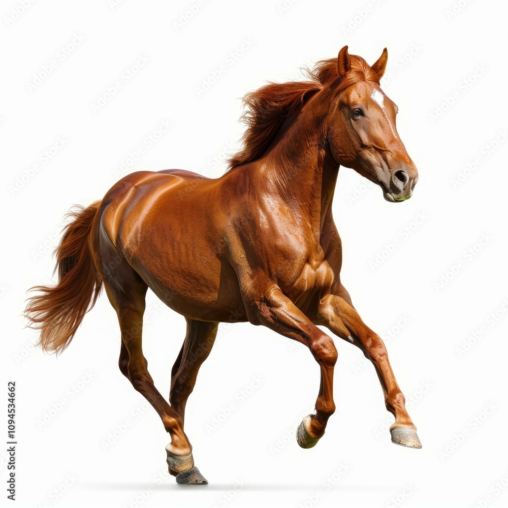 Powerful chestnut horse running with flowing mane and tail, isolated on white background Powerful chestnut horse running with flowing mane and tail, isolated on white background