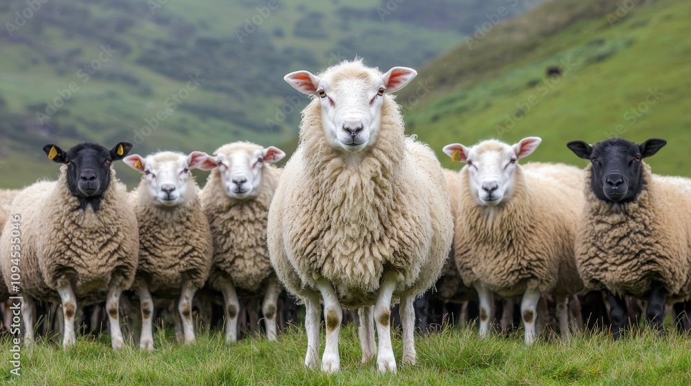 Fototapeta premium Sheep grazing in scenic green hills nature photography rural landscape