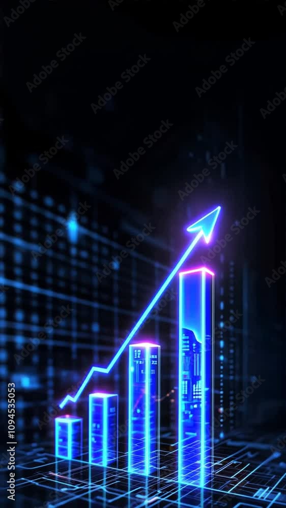 Glowing blue bar graph with an upward arrow, highlighting financial literacy, growth in budgeting, financial success strategies Glowing blue bar graph with an upward arrow, highlighting financial literacy, growth in budgeting, financial success strategies