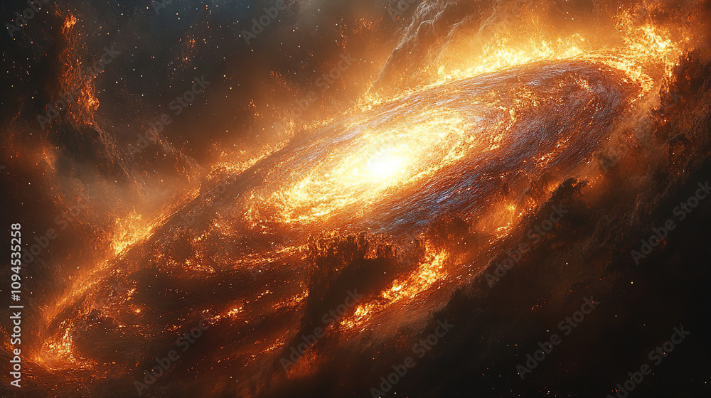 Stunning visualization of a spiraling galaxy surrounded by fiery gases in the depths of space at an unknown time. Generative AI Stunning visualization of a spiraling galaxy surrounded by fiery gases in the depths of space at an unknown time. Generative AI