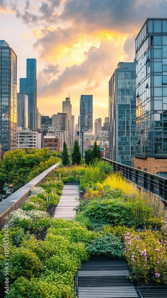Fototapeta premium Professional photo of a lush green rooftop garden in an urban environment, modern buildings in the back
