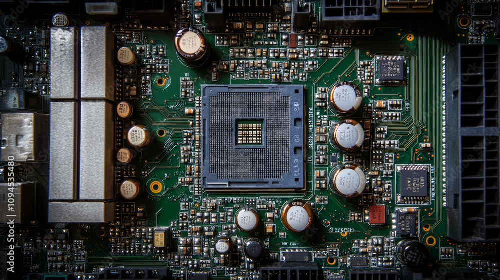 Fototapeta premium A computer's brain (CPU) is a tiny, powerful chip on the motherboard. It's made of electronic parts and powers technology like AI.