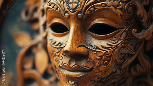 Intricately Carved Wooden Venetian Mask with Delicate Floral Motifs. AI Generated