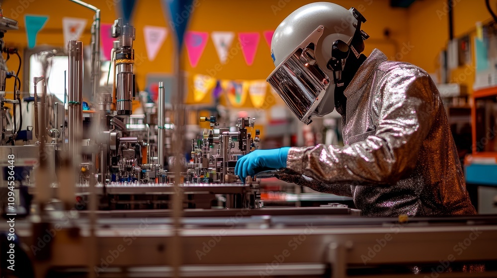Obraz premium A scientist wearing a silver hazmat suit and blue gloves works in a laboratory setting