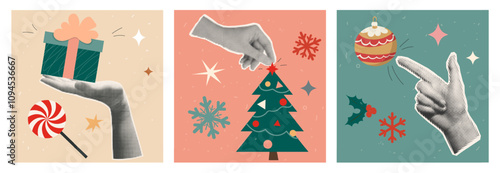 Vintage halftone Christmas collage: retro vibes, gifts, and holiday greetings. Trendy vector collection of New Year paper sticker cutouts with a dotted texture.