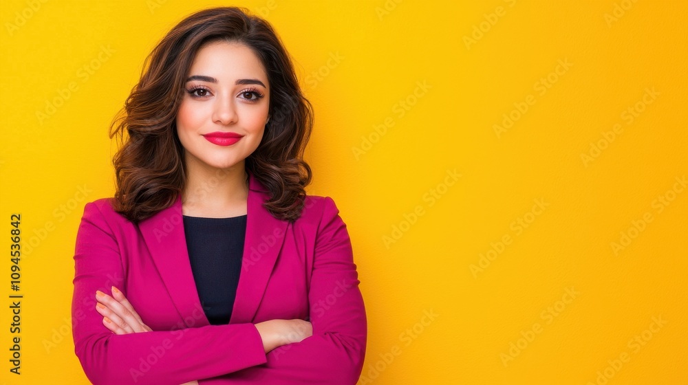 Confident Young Businesswoman Smiling Happily in Front of Yellow Backdrop Confident Young Businesswoman Smiling Happily in Front of Yellow Backdrop