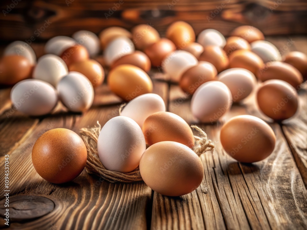 Fresh White and Brown Eggs in a Rustic Setting with Natural Lighting, Ideal for Culinary and Recipe Illustrations, Featuring Textures and Colors That Highlight Farm Fresh Quality Fresh White and Brown Eggs in a Rustic Setting with Natural Lighting, Ideal for Culinary and Recipe Illustrations, Featuring Textures and Colors That Highlight Farm Fresh Quality