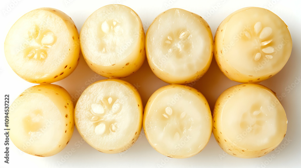 Six Pale Yellow Sliced Cucumbers Arranged in a Grid on White Background Six Pale Yellow Sliced Cucumbers Arranged in a Grid on White Background