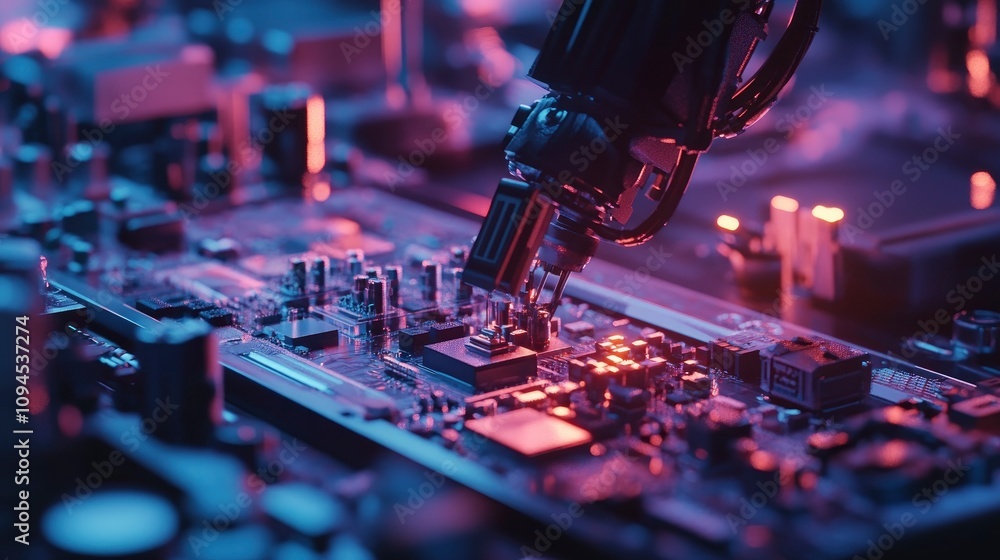 Professional close up photo of a robotic arm assembling small electronic components Professional close up photo of a robotic arm assembling small electronic components