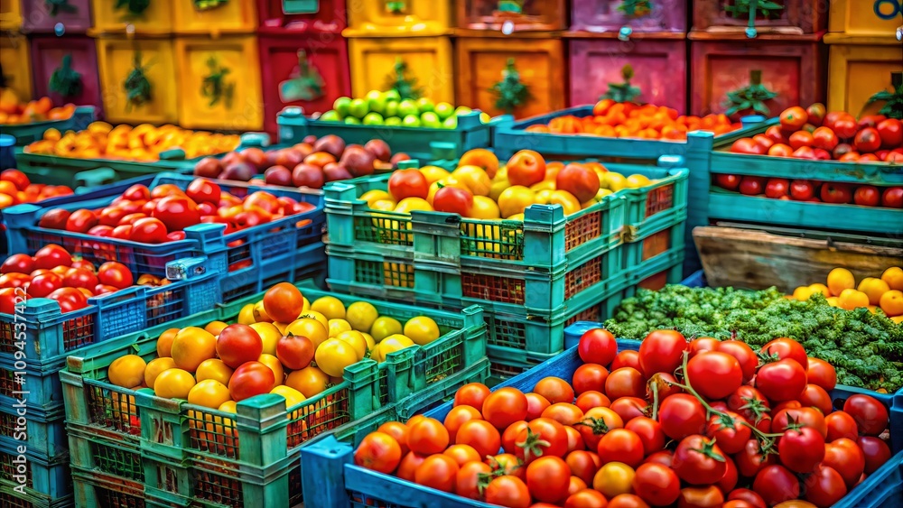 Geometric Composition of Tomato Crates Displayed at a Vibrant Wholesale Market Stall Showcasing Fresh Produce in Artistic Arrangement for Stock Photo Use Geometric Composition of Tomato Crates Displayed at a Vibrant Wholesale Market Stall Showcasing Fresh Produce in Artistic Arrangement for Stock Photo Use