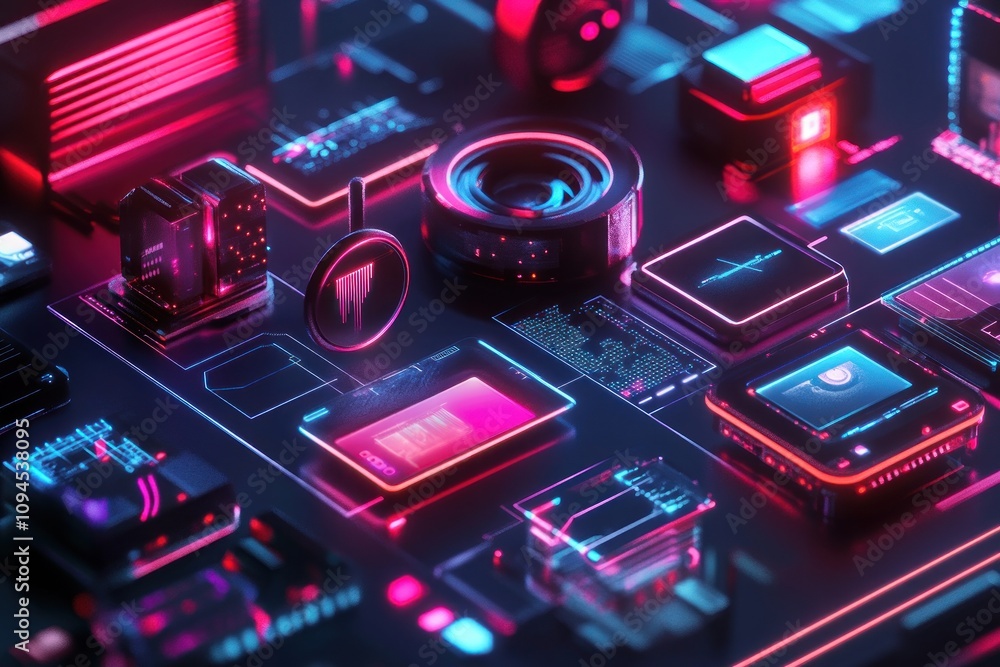 Here's a possible and keyword list for your stock photo.. Futuristic tech interface with glowing neon components. Here's a possible and keyword list for your stock photo.. Futuristic tech interface with glowing neon components.