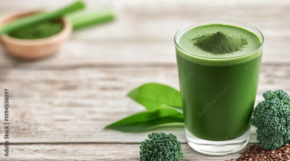 Green superfoods displayed in glasses and bowls on wooden surface with fresh greens Green superfoods displayed in glasses and bowls on wooden surface with fresh greens