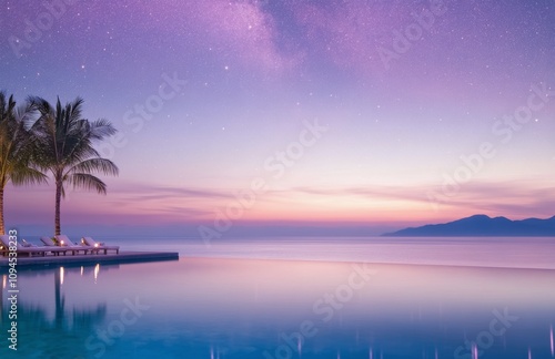 Stunning twilight over poolside oasis with palm trees and starry sky in seren...