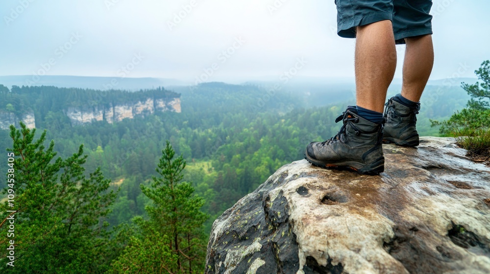 Professional close up photo of a hiker standing on a cliff overlooking a forest or mountain range Professional close up photo of a hiker standing on a cliff overlooking a forest or mountain range