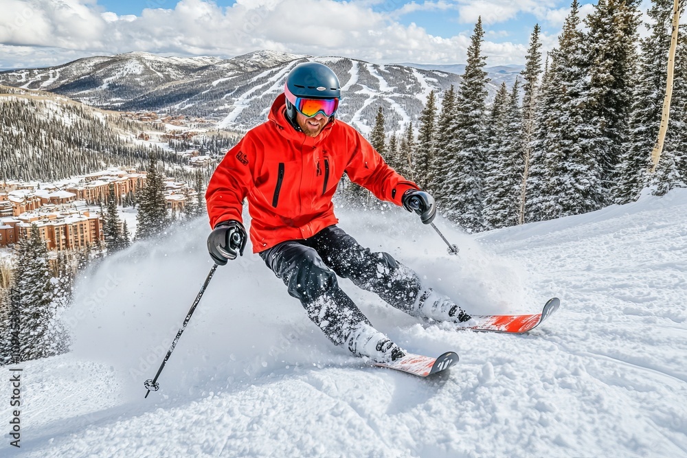 In deep powder snow, a freeride skier descends In deep powder snow, a freeride skier descends