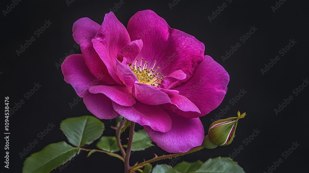 Fototapeta premium Close-up of a vibrant purple rose with delicate petals and a bud, set against a dark background accentuating its natural beauty and elegance.