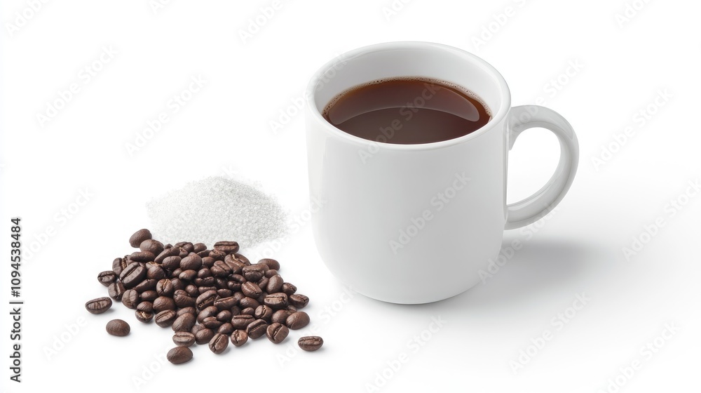 Coffee mug filled with freshly brewed coffee alongside sugar and glossy roasted coffee beans on a clean surface Coffee mug filled with freshly brewed coffee alongside sugar and glossy roasted coffee beans on a clean surface