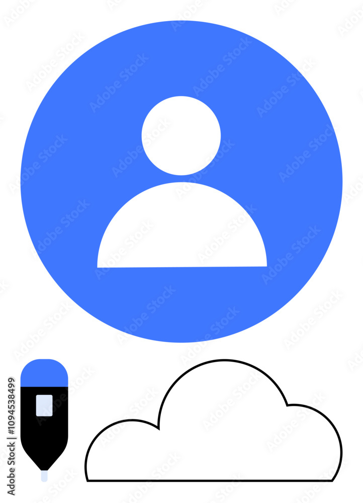 User profile icon in blue circle above a cloud outline and USB drive. Ideal for digital identity, cloud storage, data security, user accounts, technology services, user interfaces, online platforms User profile icon in blue circle above a cloud outline and USB drive. Ideal for digital identity, cloud storage, data security, user accounts, technology services, user interfaces, online platforms