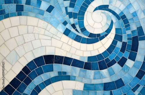 Abstract mosaic design featuring blue and white patterns resembling waves and...