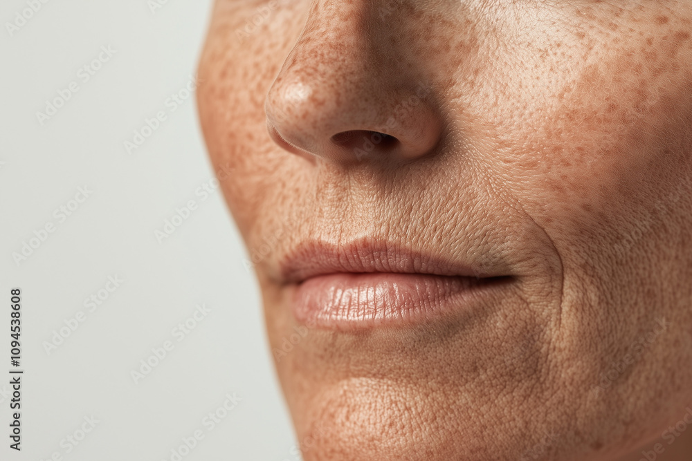 Close-up of a middle-aged woman’s face highlighting natural wrinkles, freckles, and radiant skin texture, ideal for skincare, wellness, or aging-related campaigns Close-up of a middle-aged woman’s face highlighting natural wrinkles, freckles, and radiant skin texture, ideal for skincare, wellness, or aging-related campaigns