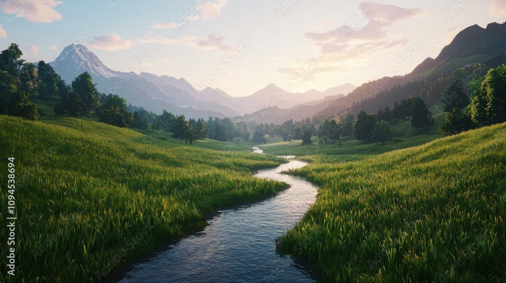 Fototapeta premium Scenic river flowing through green hills mountain landscape nature view