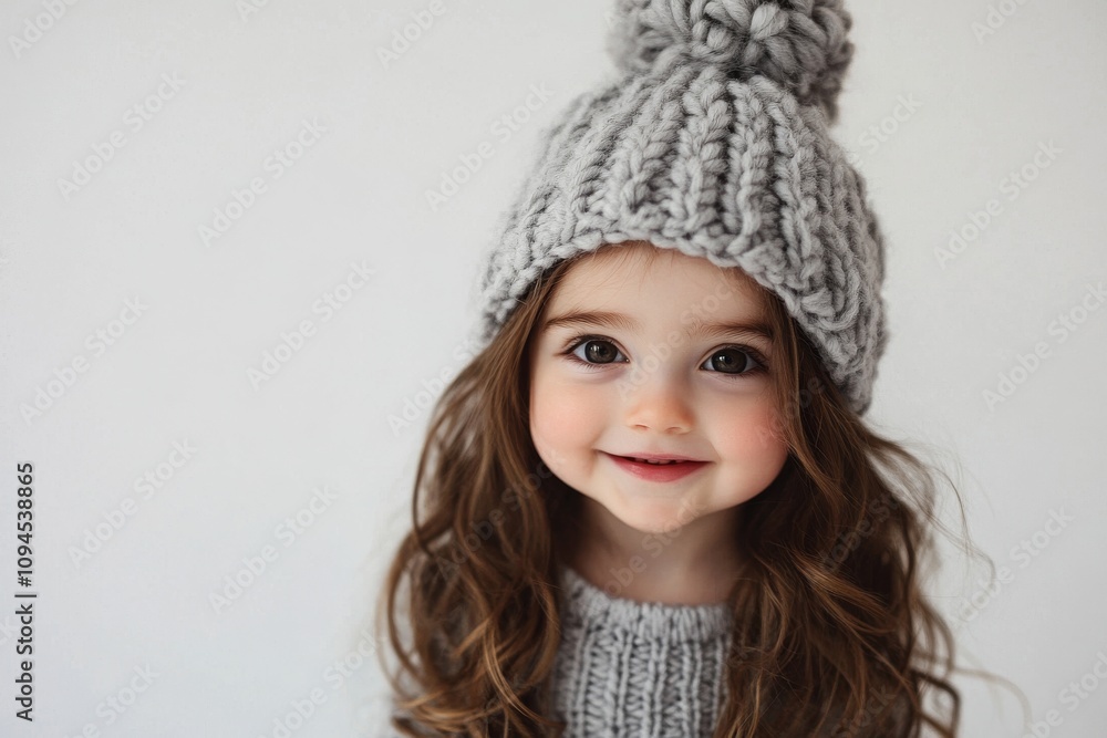 Laughable cheerful little girl hatted in a sweater and wearing a warm gray hat isolated on a white background. Laughable cheerful little girl hatted in a sweater and wearing a warm gray hat isolated on a white background.