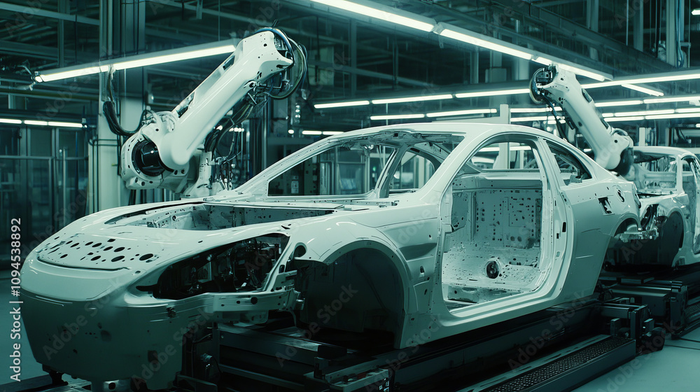 Auto factories use white robots to weld car bodies.  These robots use lasers to precisely plan the welding process for new car designs.
